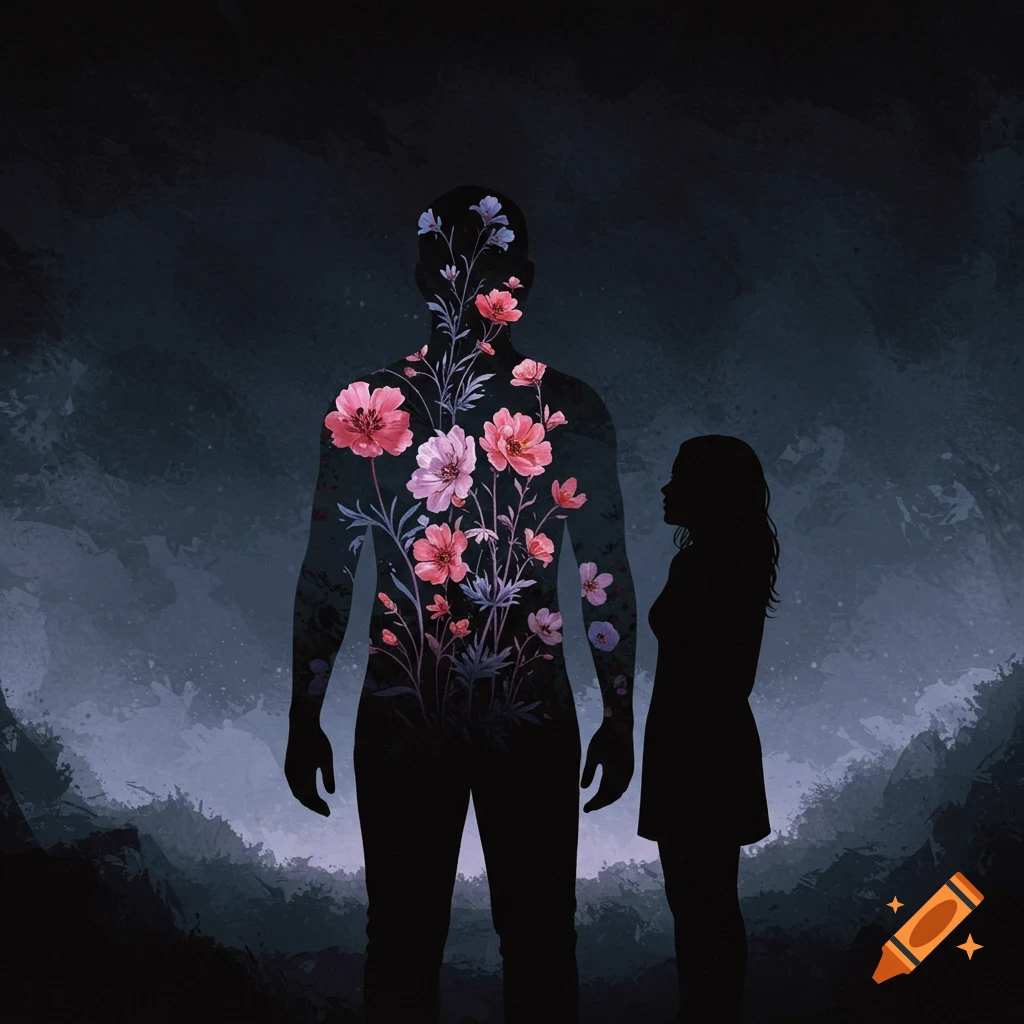 A large silhouette of a man filled with pink and purple flowers stands next to a smaller silhouette of a woman against a dark, textured background.