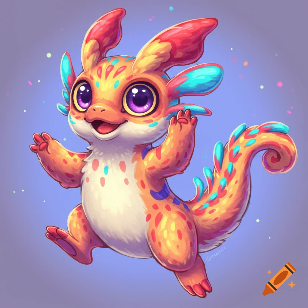 Cute fantasy creature with colorful spots and large eyes waving on a purple background