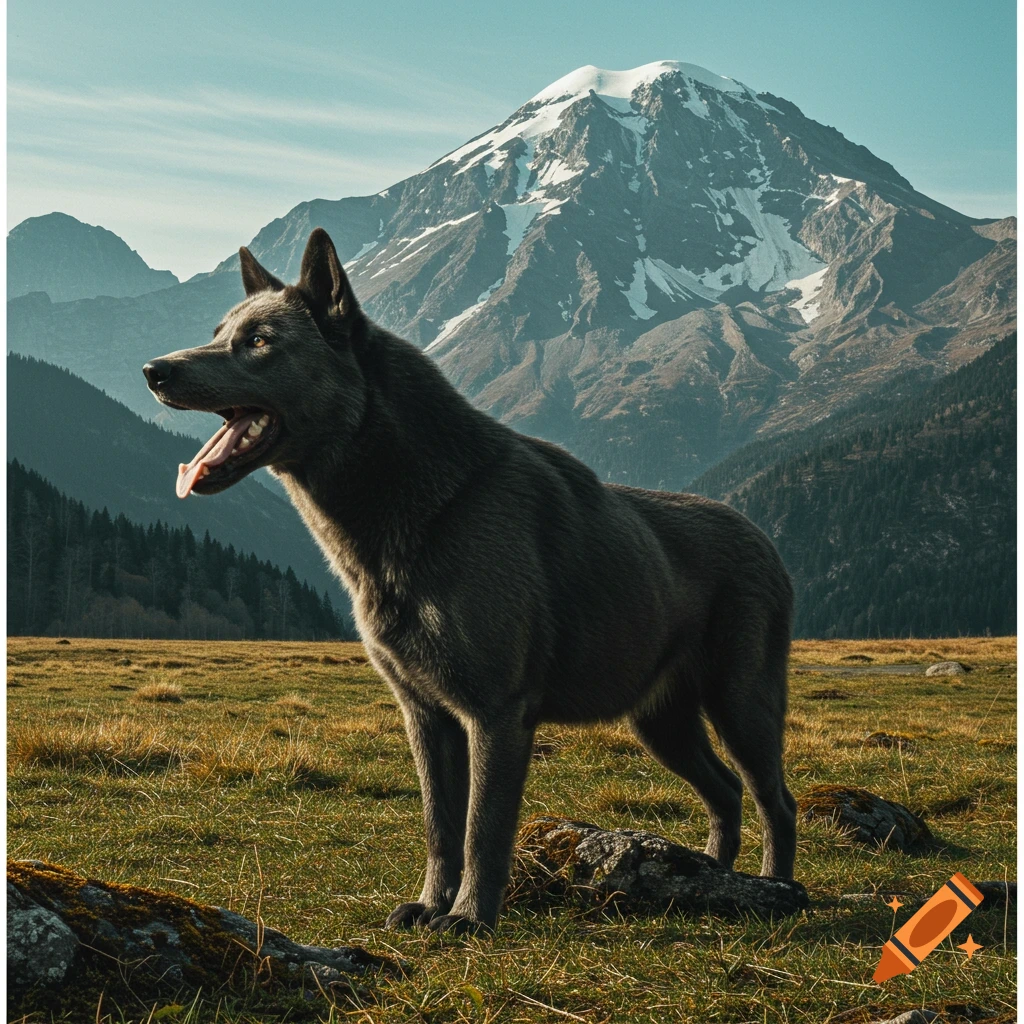 A gray wolf-like dog stands in a mountain field with its mouth open.