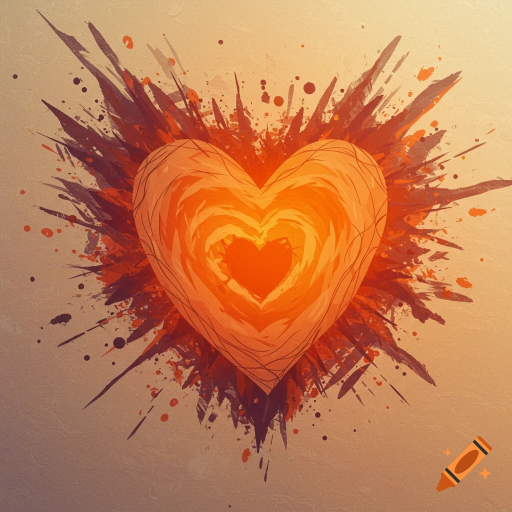 A stylized heart with radiating orange shapes and dark splatters.