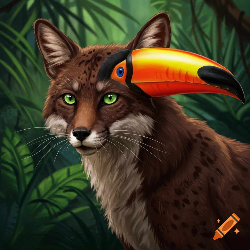 A close-up of a fox-like creature with panther spots and a toucan beak, set in a jungle.