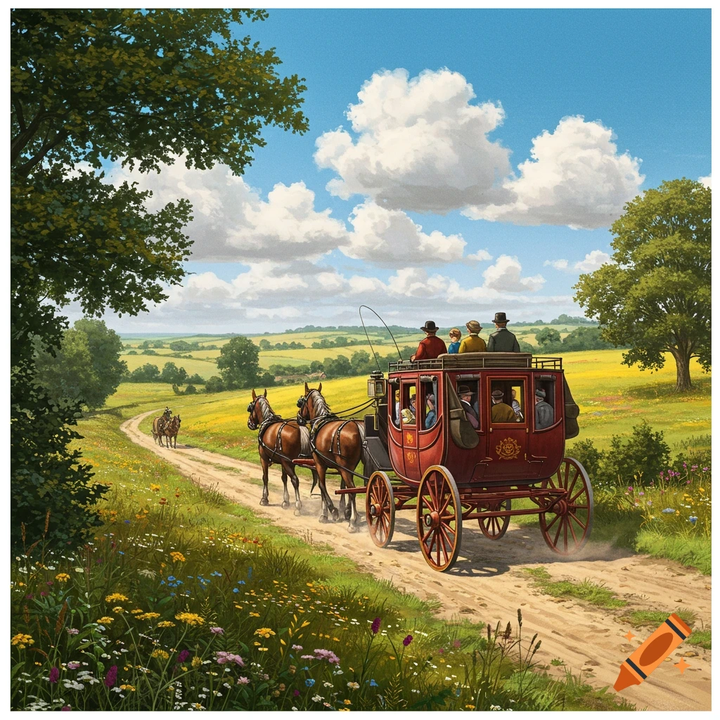 A red horse-drawn stagecoach travels down a dirt road through a sunny, green landscape.