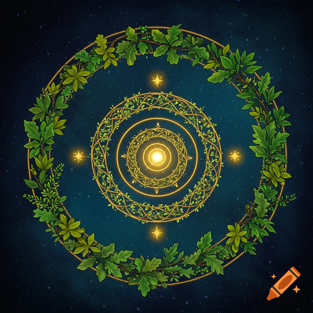 A golden glowing spell circle surrounded by a wreath of green leaves and stars against a dark, starry background.