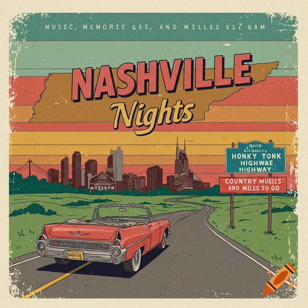 Retro vector graphic poster of a red classic car driving towards the Nashville skyline.