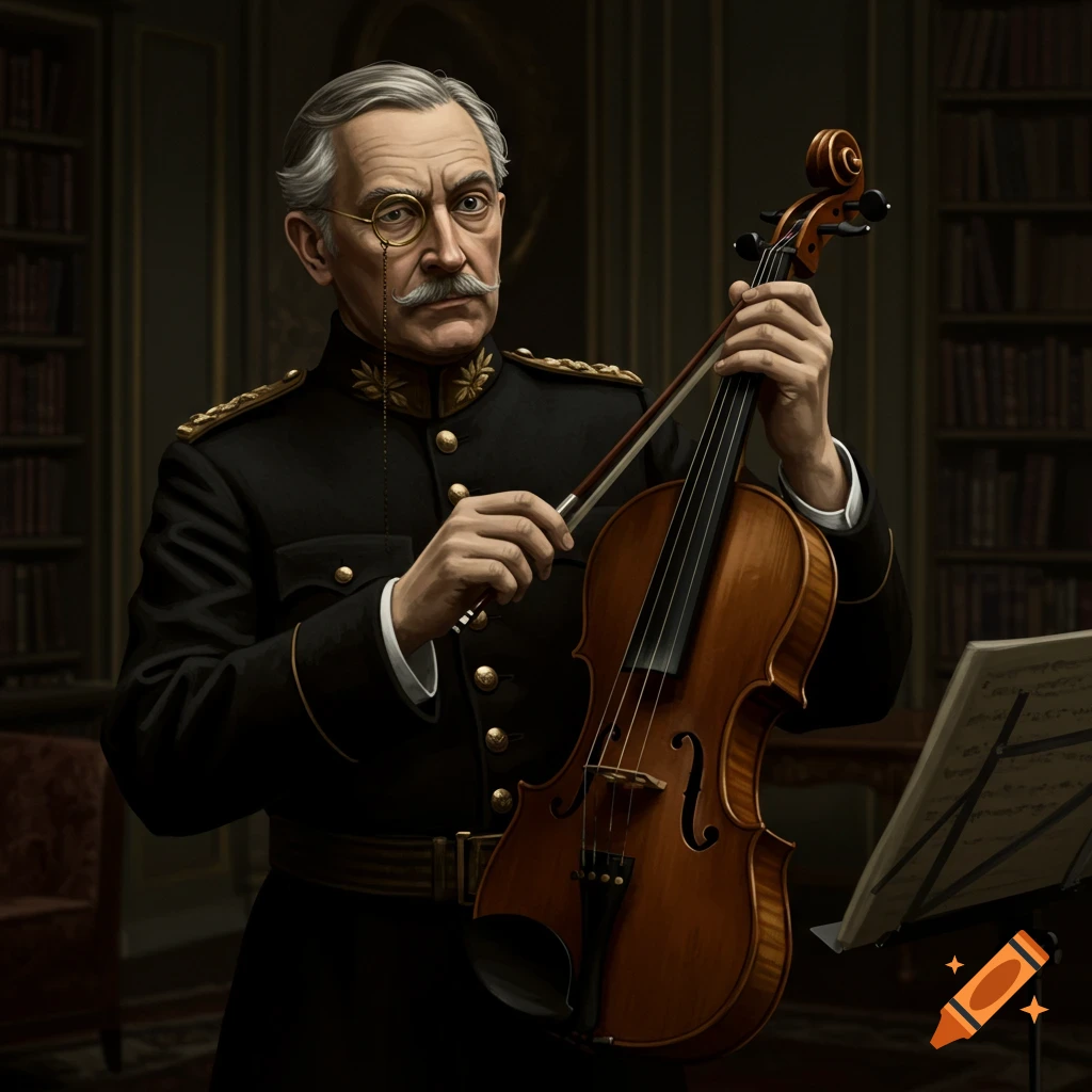 A man in a historical military uniform and monocle holds a violin in a library.