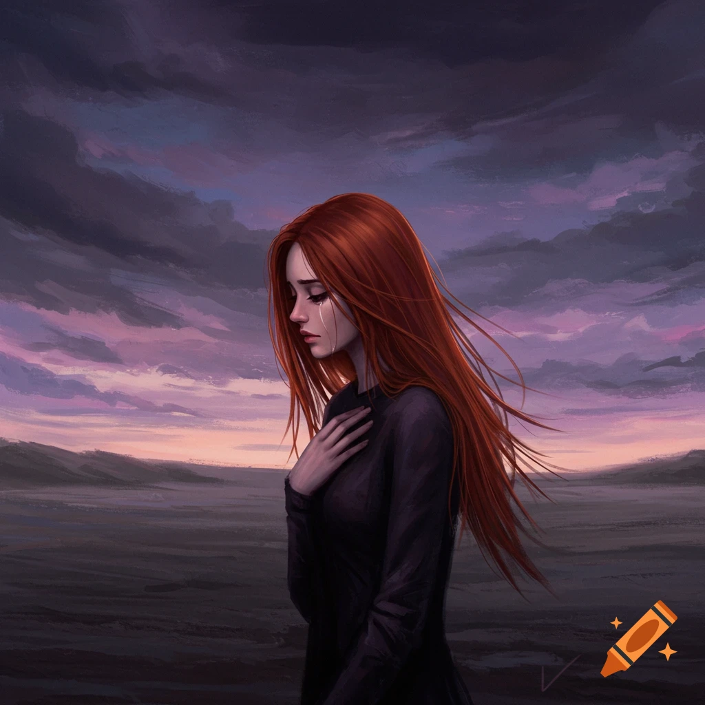 A red-haired woman cries and holds her chest in a dramatic, cloudy landscape painting.