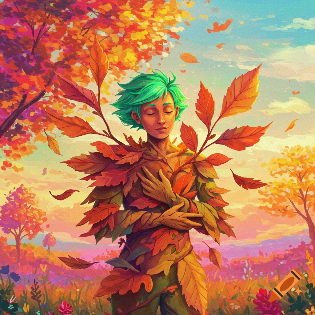 Figure with green hair covered in autumn leaves in a vibrant fall landscape.