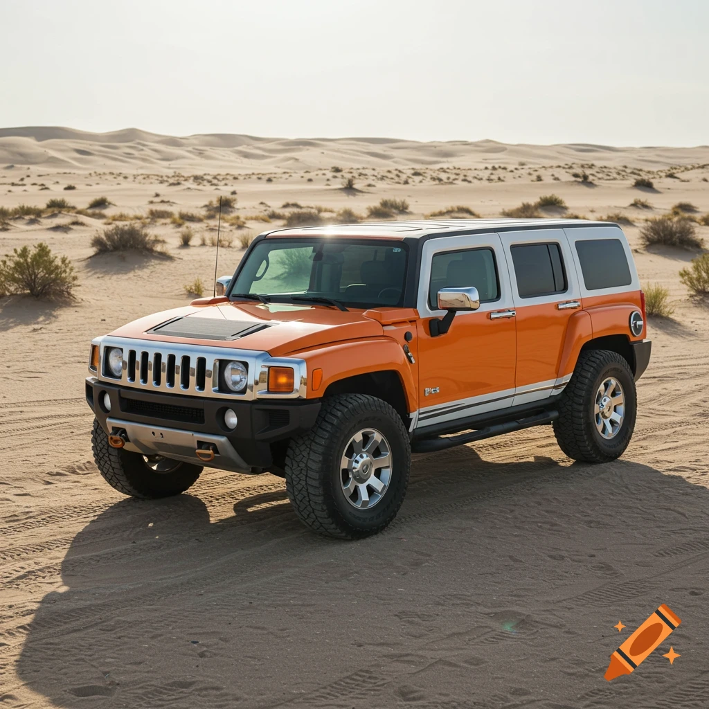Orange and white Hummer H3 parked in a sandy desert landscape.