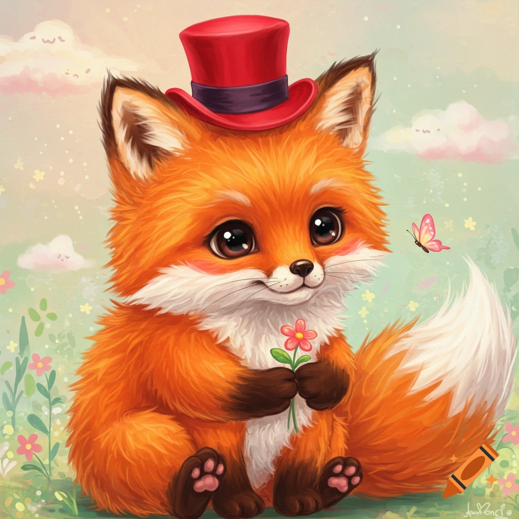 A cute cartoon fox wearing a red top hat, holding a pink flower in a grassy meadow.
