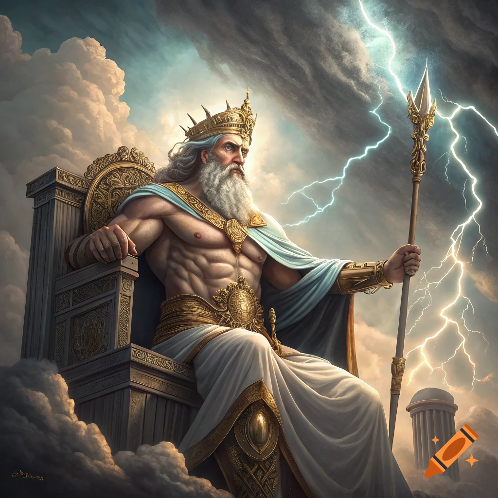 A powerful god on a throne with lightning in the background.