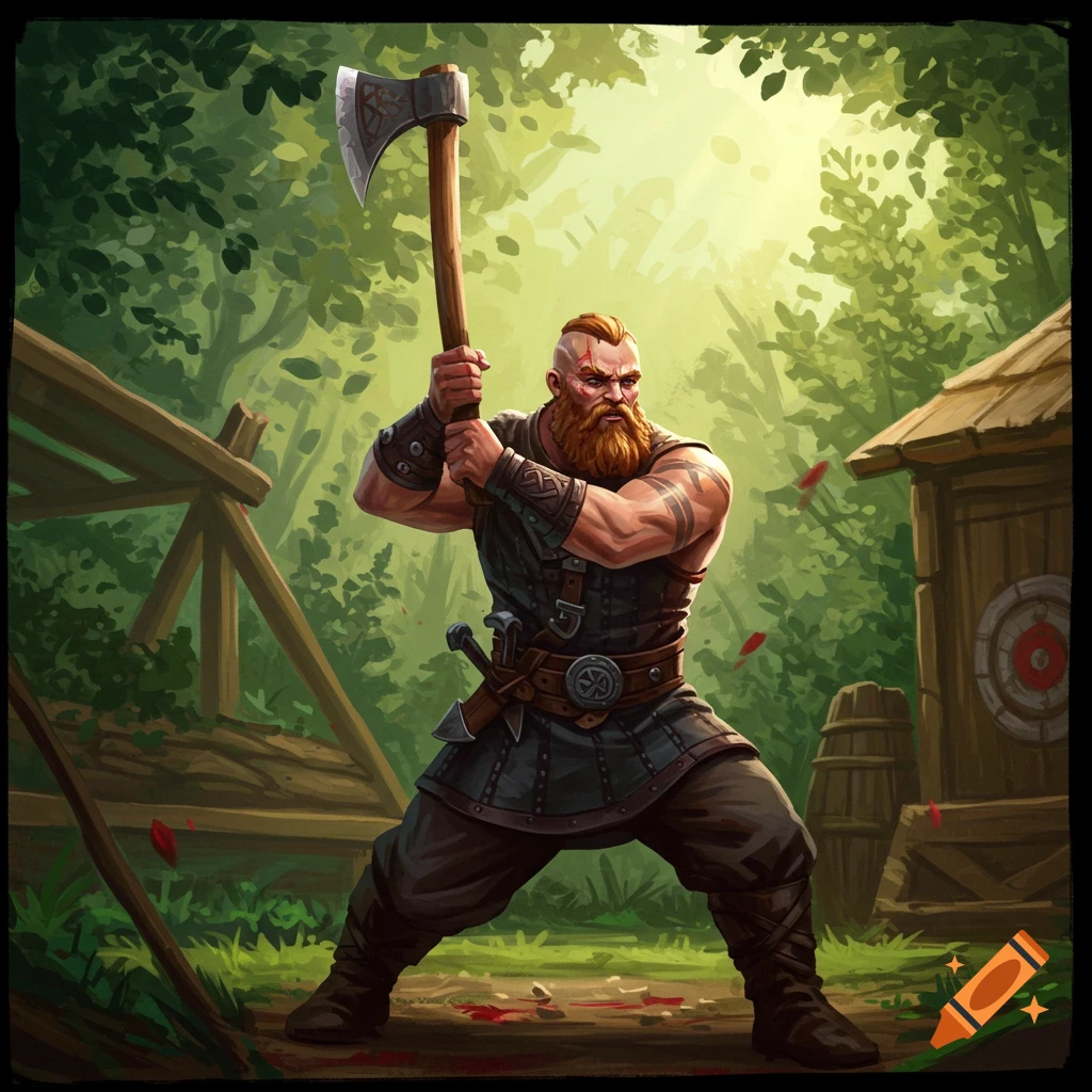A bearded warrior in a forest preparing to throw an axe.