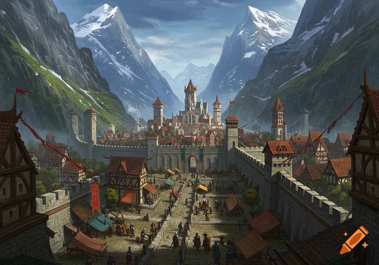 A fantasy depiction of a medieval walled city nestled in a mountain valley with a busy market square.