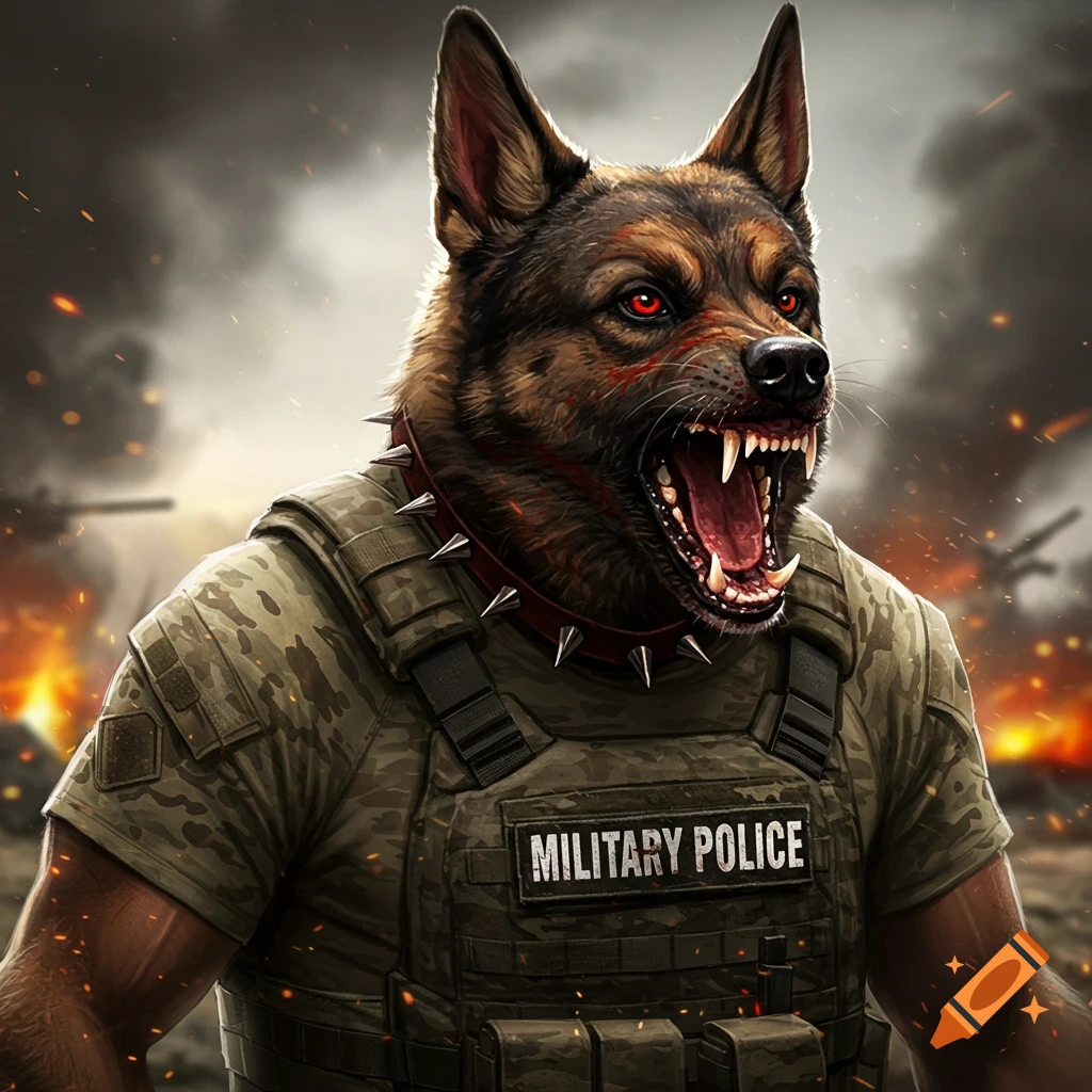 An anthropomorphic dog in military gear in a battle scene.