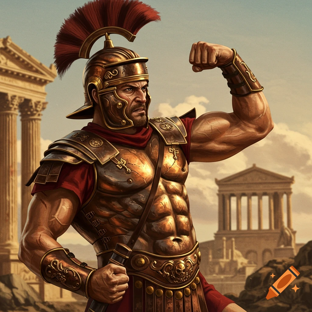 A muscular Roman warrior flexes his bicep in front of ancient ruins.