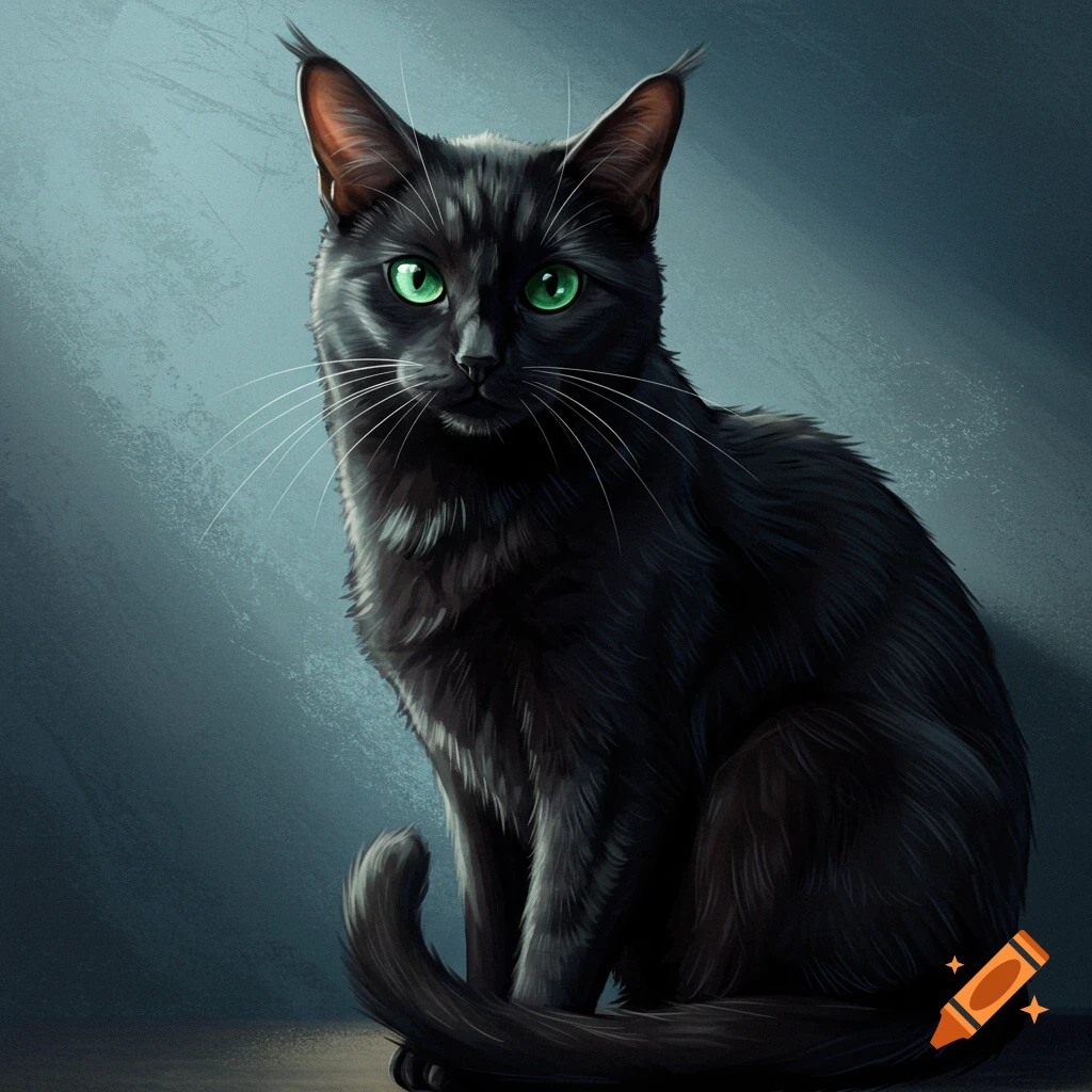 A black cat with bright green eyes sits against a blue background.