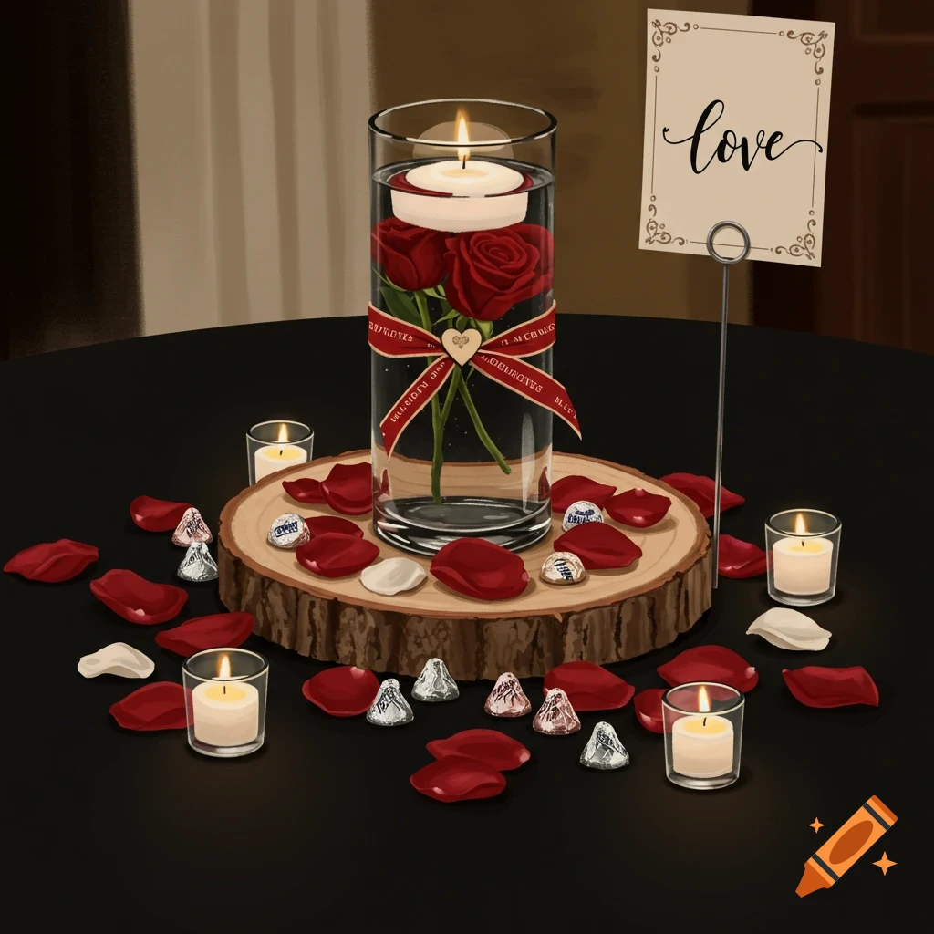 A wedding reception centerpiece with a floating candle, roses, ribbon, rose petals, Hershey's Kisses, and votive candles on a black table.
