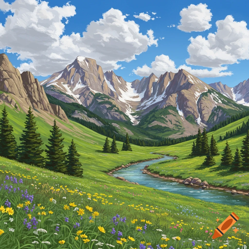 A mountain valley with a river flowing through a grassy meadow filled with flowers, beneath a blue sky with clouds.