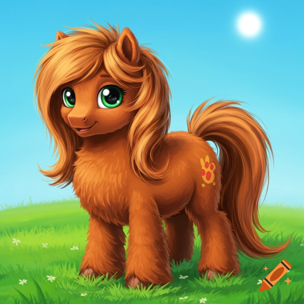 A fluffy brown cartoon pony with green eyes stands in a sunny green field.