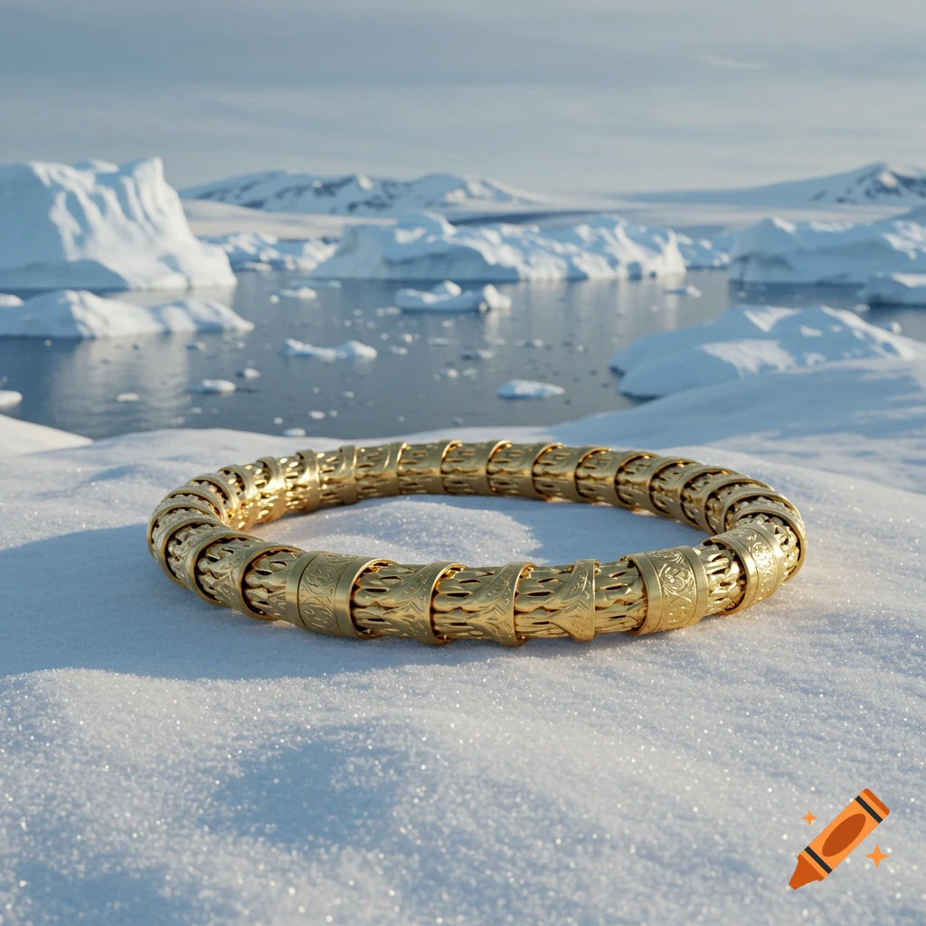 Gold necklace on snow in an arctic landscape with icebergs.