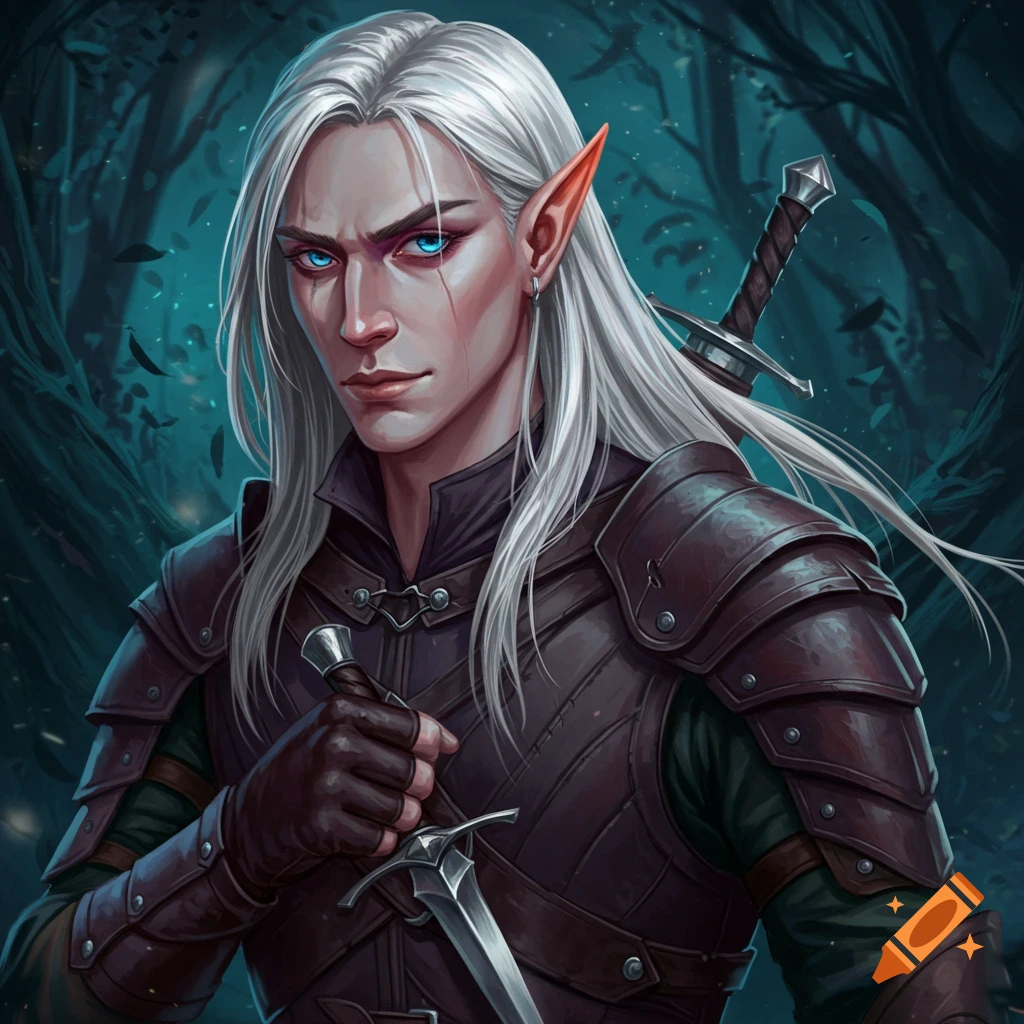 A pale elf rogue with white hair, holding a dagger in a dark forest.