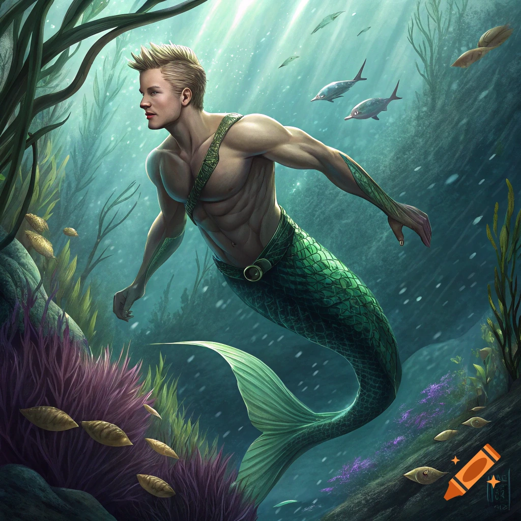 Digital art of a blonde male merman swimming underwater with fish and coral.