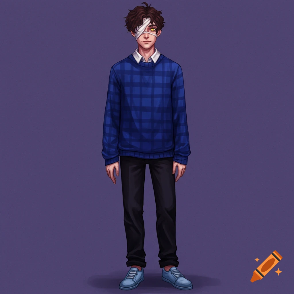 A young man with a bandage over his left eye and a yellow right eye, wearing a blue plaid sweater, black pants, and light blue shoes.