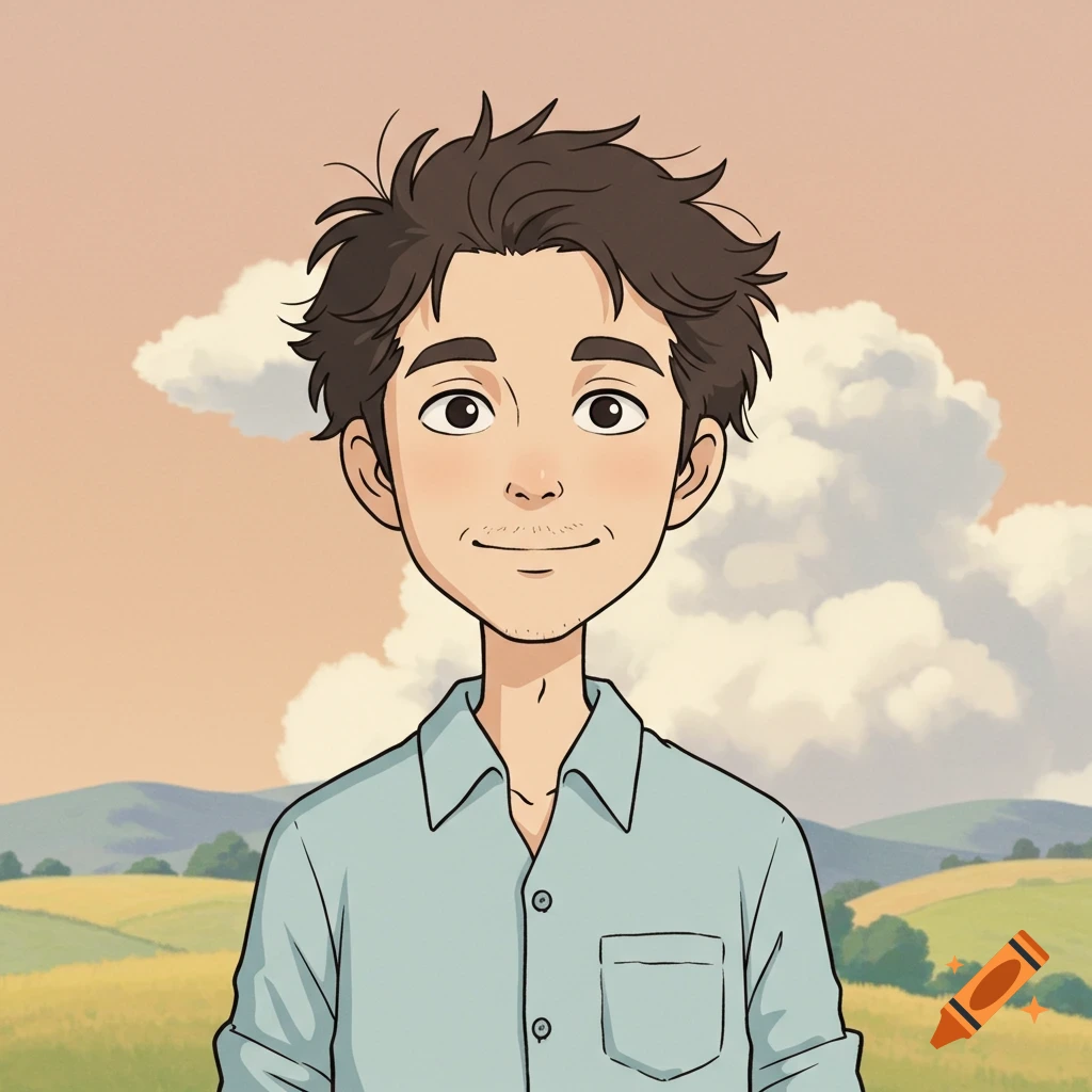 A cartoon portrait in Studio Ghibli style of a man smiling in a field.