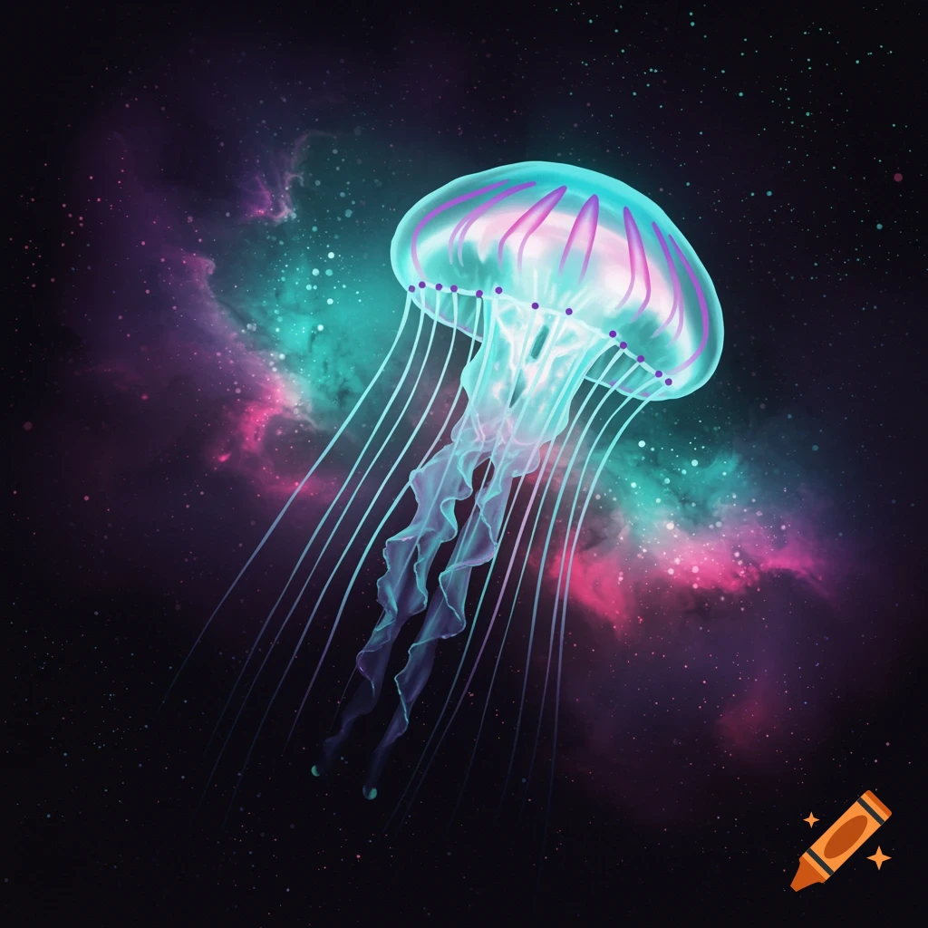 A glowing bioluminescent jellyfish creature floats in deep space against a pink, teal, and purple nebula backdrop.