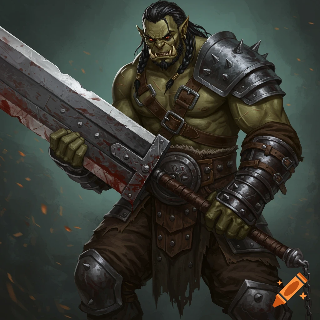 A half-orc fighter holding a bloody greatsword.