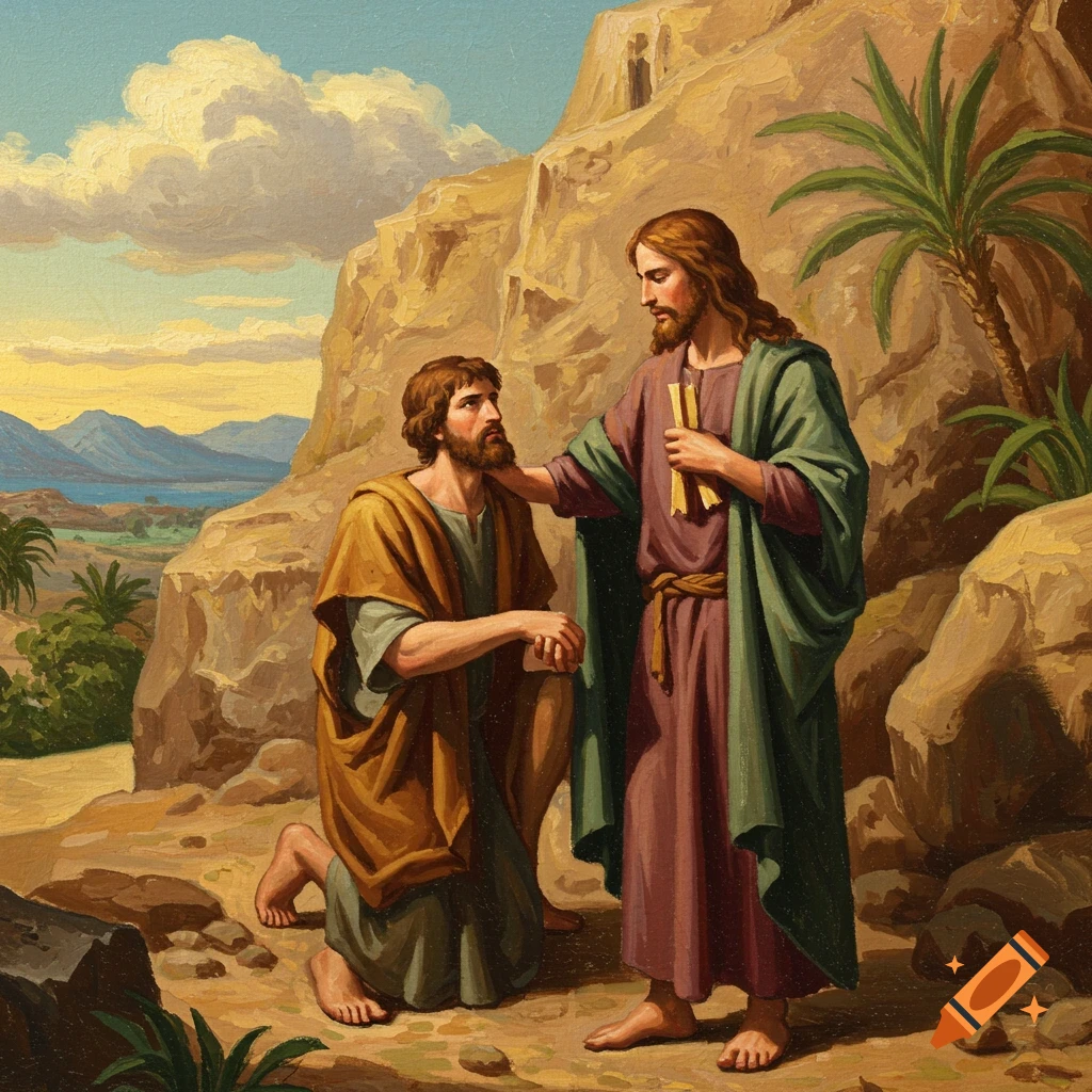 Painting of two robed men in a rocky landscape, one standing with hand on the other's shoulder, holding scrolls