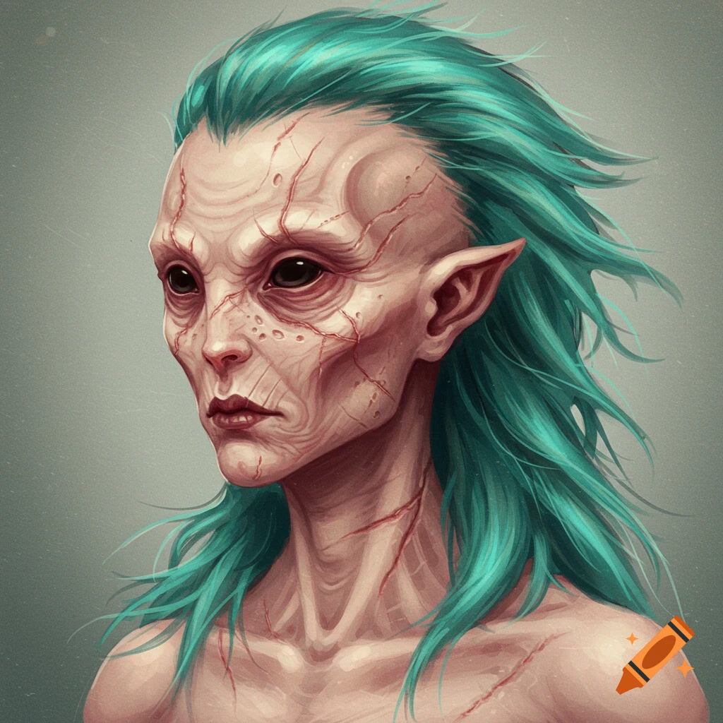 Portrait of an alien creature with scarred pale skin, pointy ears, and long teal hair.