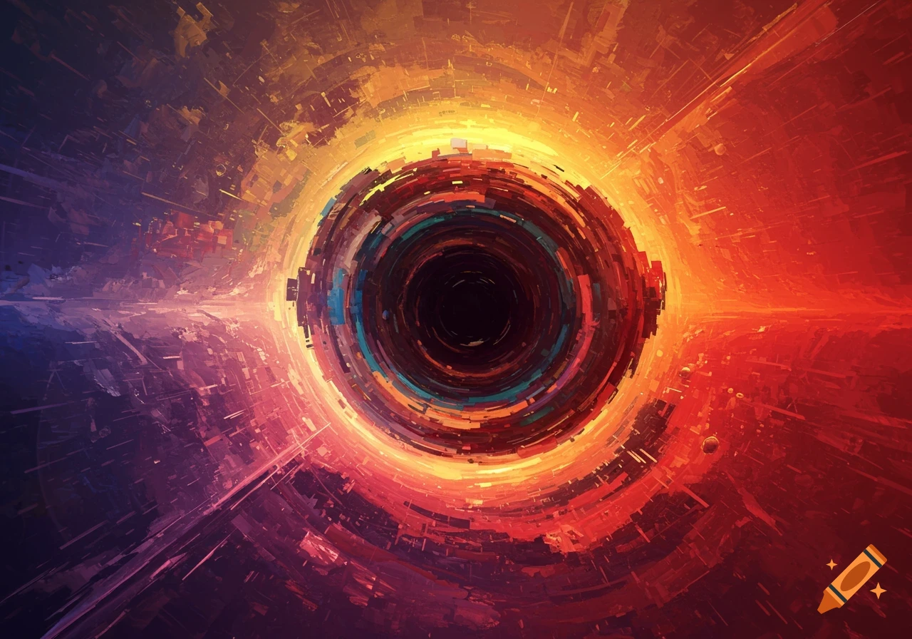 A vibrant, colorful abstract image depicting a swirling vortex or tunnel of light and shapes.