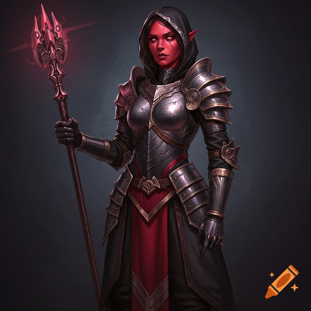 A red-skinned fantasy character in dark armor holding a staff.