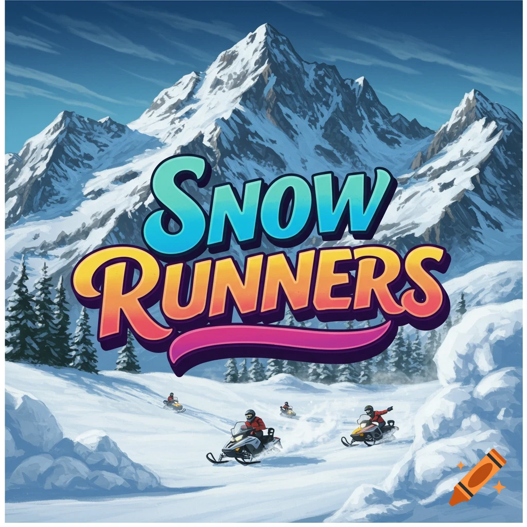 Image of snowmobilers riding in snow-covered mountains under text that reads 'SNOW RUNNERS'.
