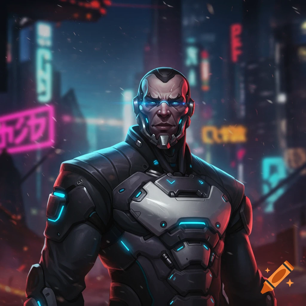 A cybernetic man in glowing armor stands in a cyberpunk city.