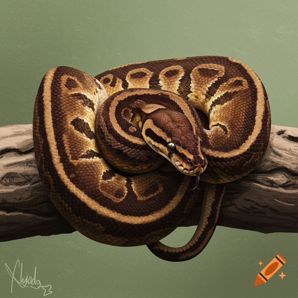 a ball python coiled on a branch
