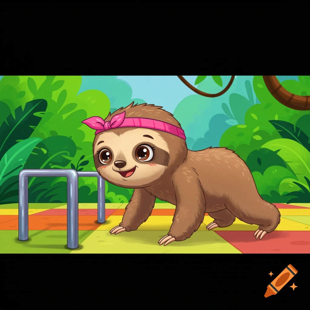 A cute cartoon sloth with a pink headband does a push-up in a jungle gym.