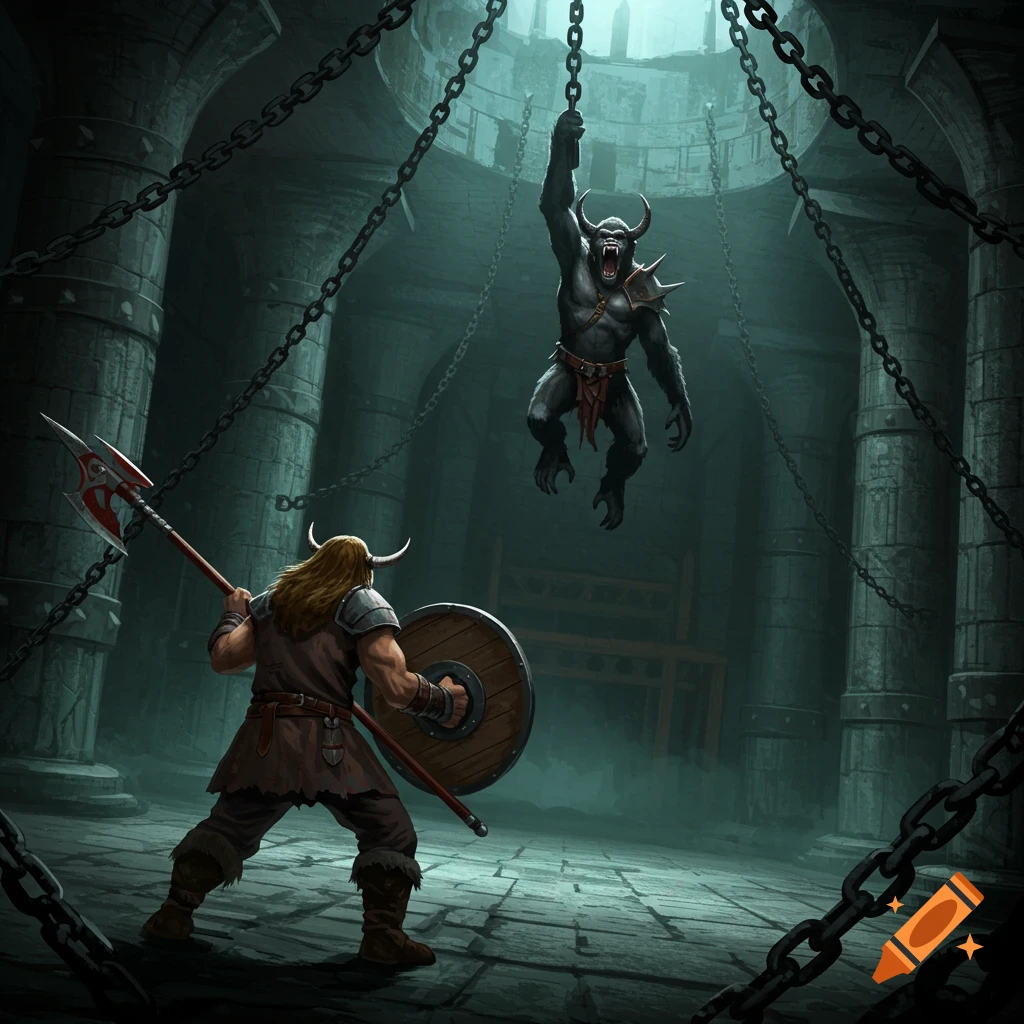 A barbarian facing an ape demon hanging from chains in a dungeon.
