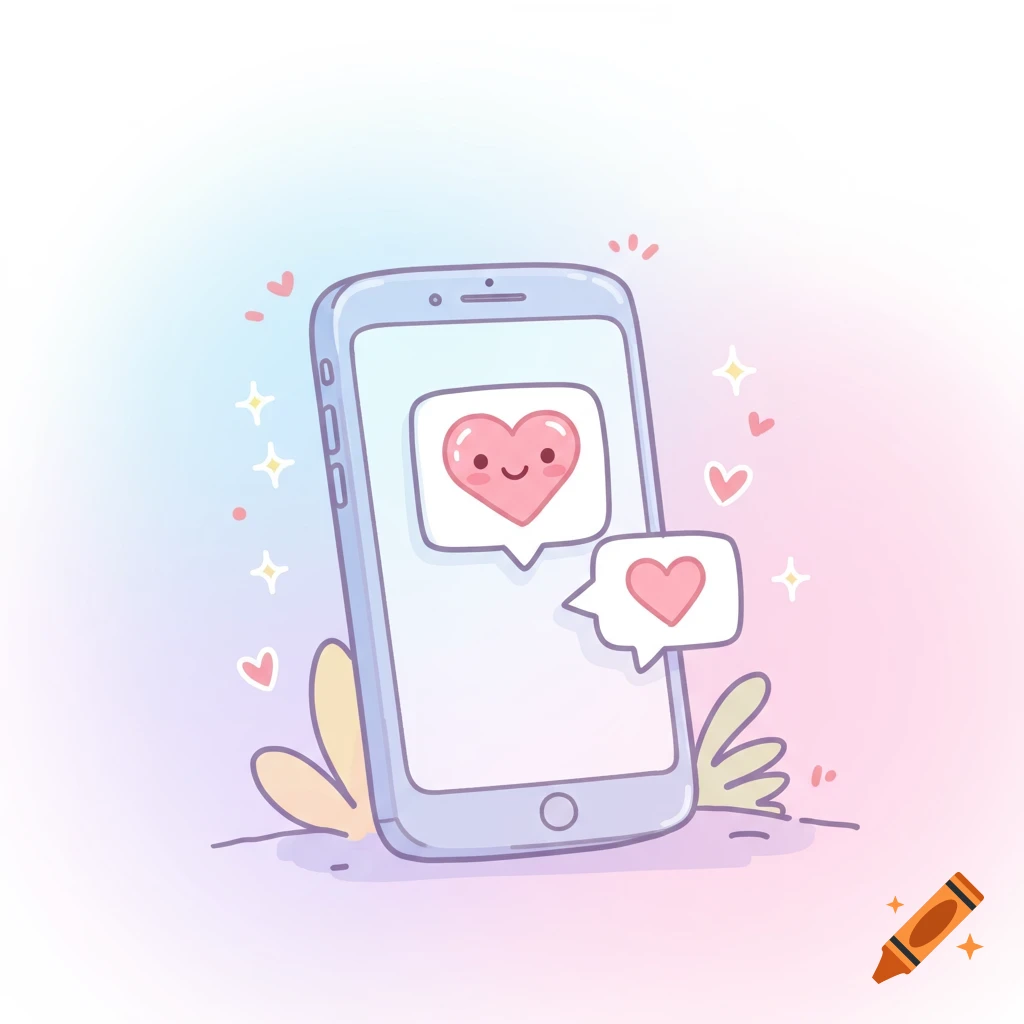 Cute doodle illustration of a smartphone with heart emojis and sparkles.