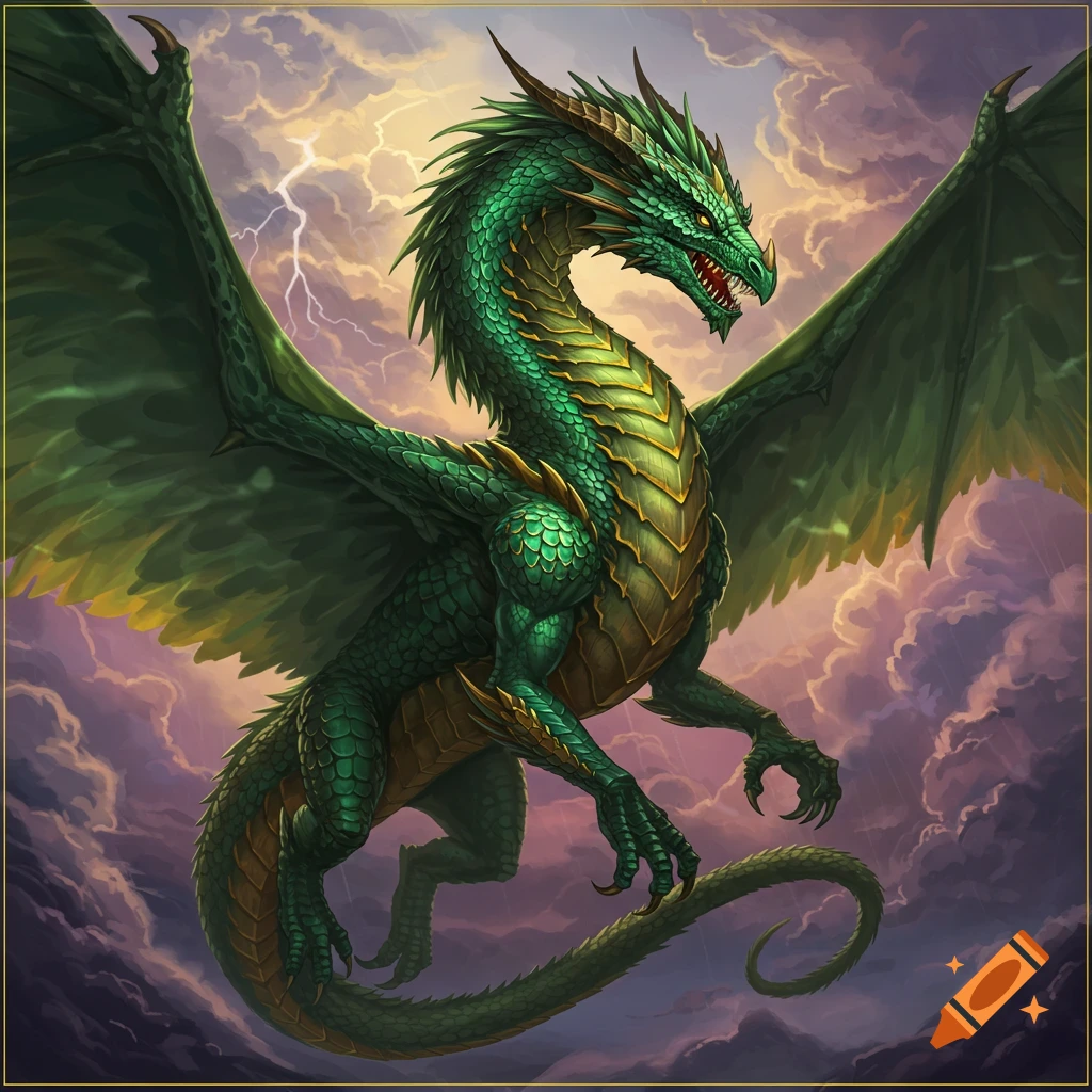 A green dragon with large wings flies through stormy clouds.