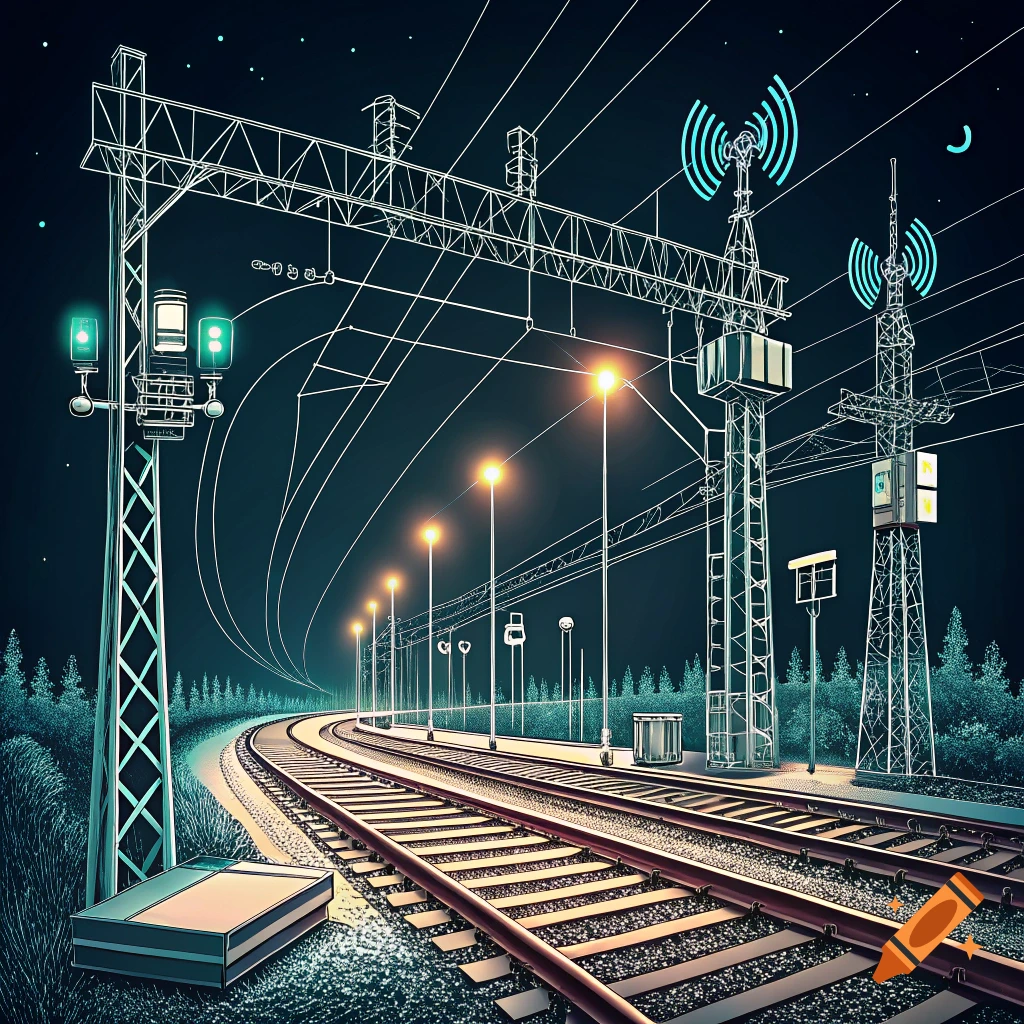 Line art illustration of a railway at night with signal lights, communication towers, and overhead wires.