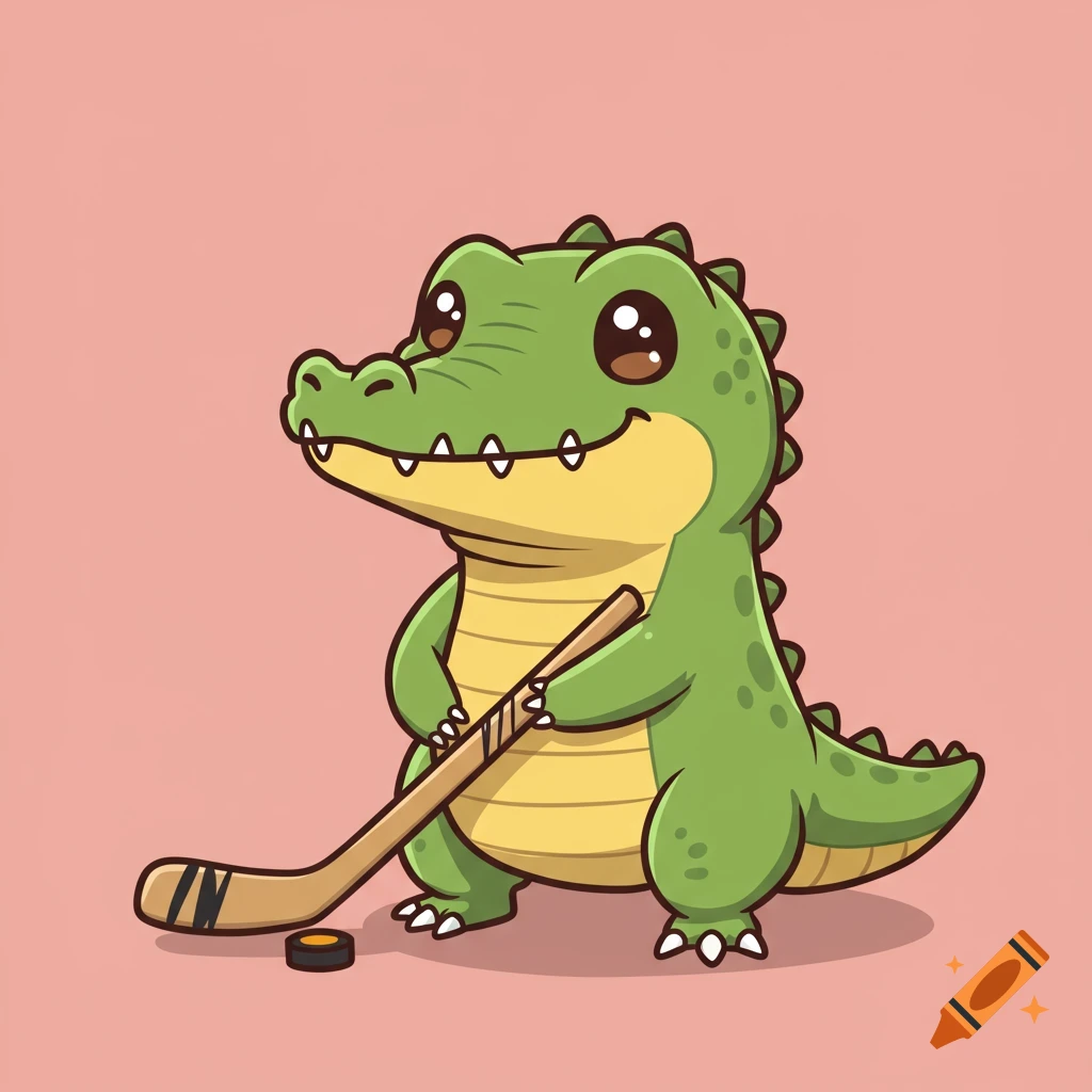 Cute cartoon alligator holding a hockey stick with a puck