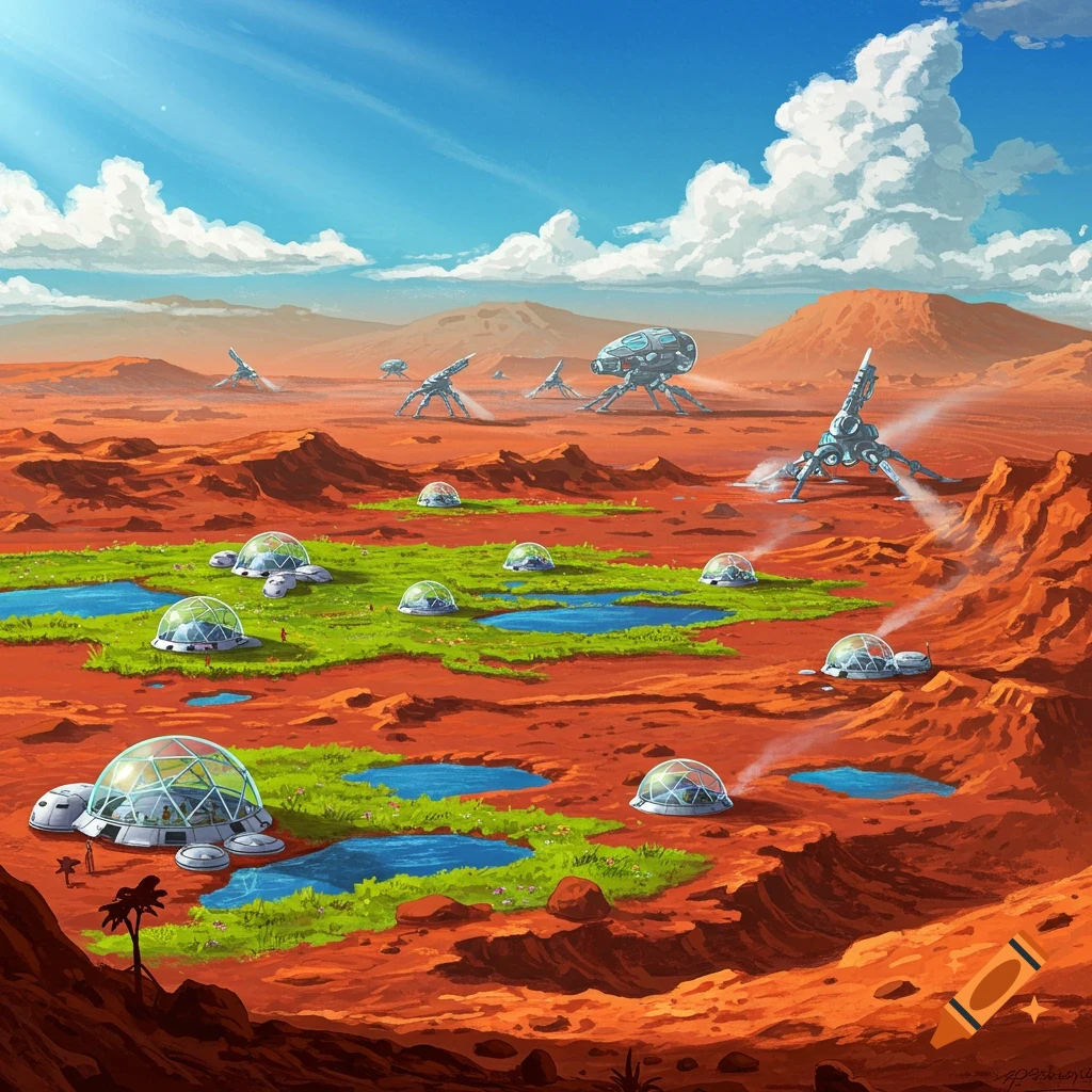 A terraformed Martian landscape featuring verdant green areas, shimmering lakes, and advanced dome habitats and structures.
