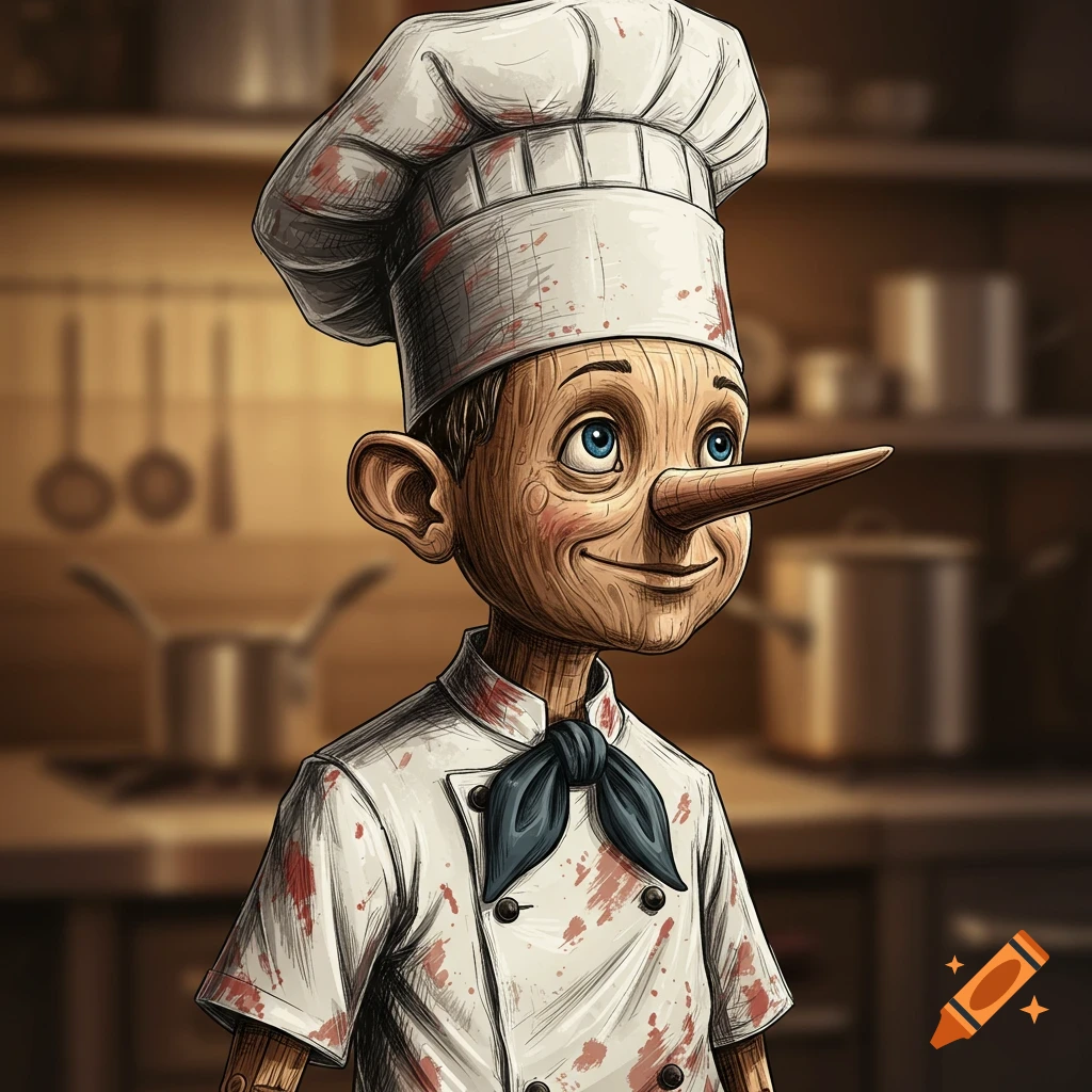 Pinocchio as a chef with red splatters on his uniform.