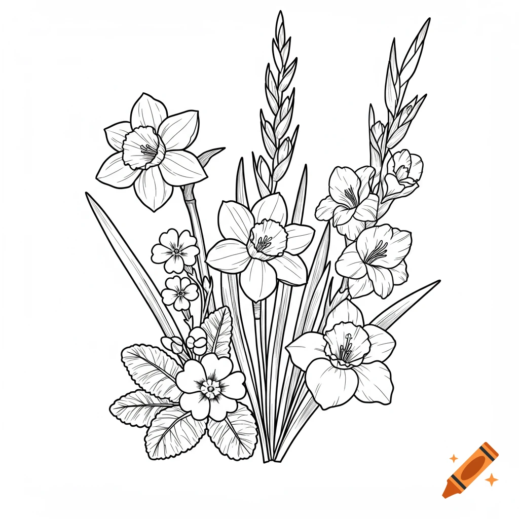 Black and white line drawing of a bouquet of flowers including daffodils, primroses, and gladiolus.