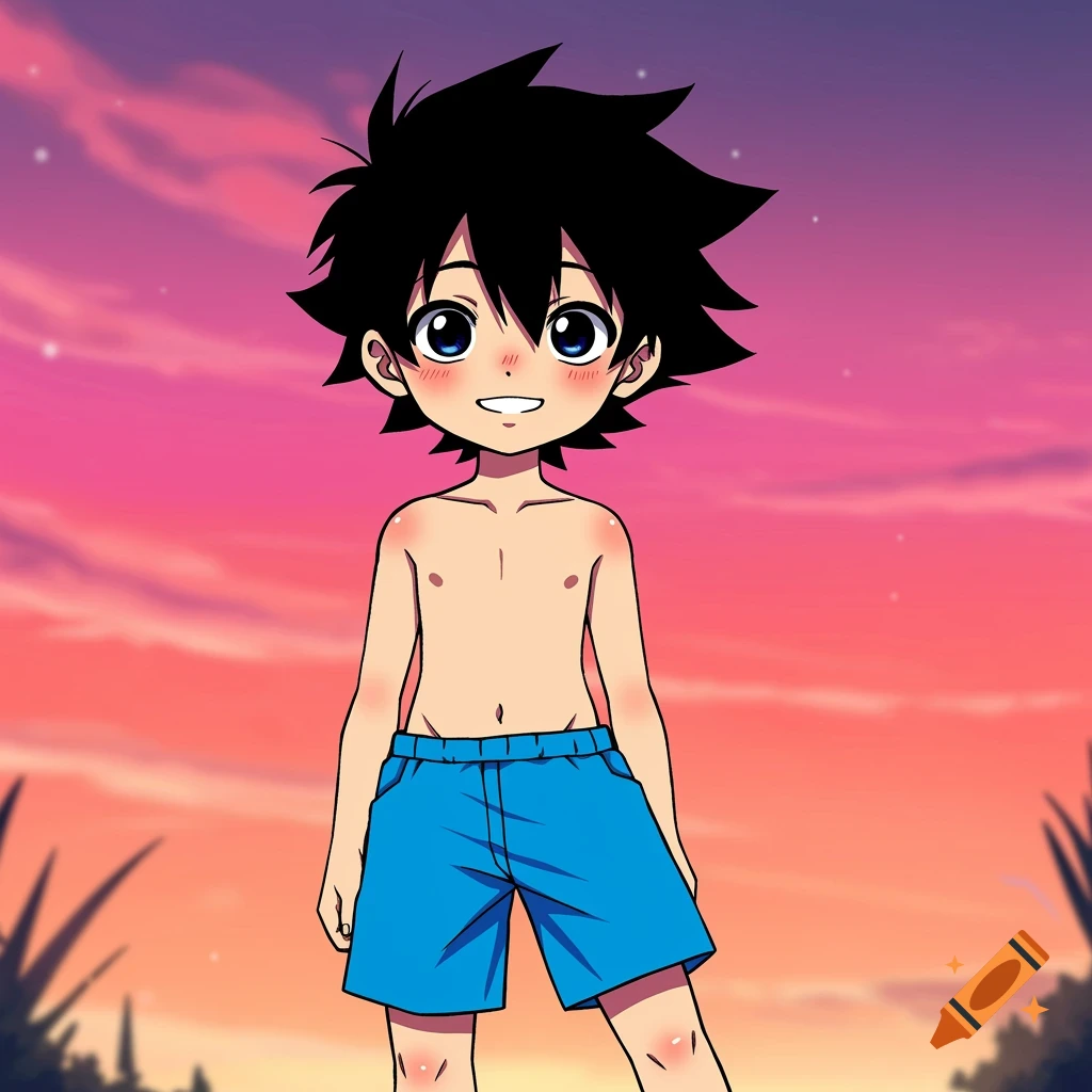 Anime boy in blue shorts standing shirtless against a pink and orange sunset sky.