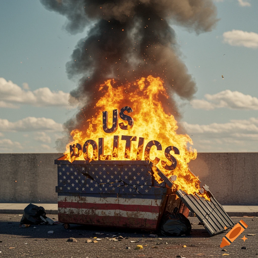 Photorealistic image of a burning dumpster painted with the US flag and 'US POLITICS' text, producing heavy smoke.