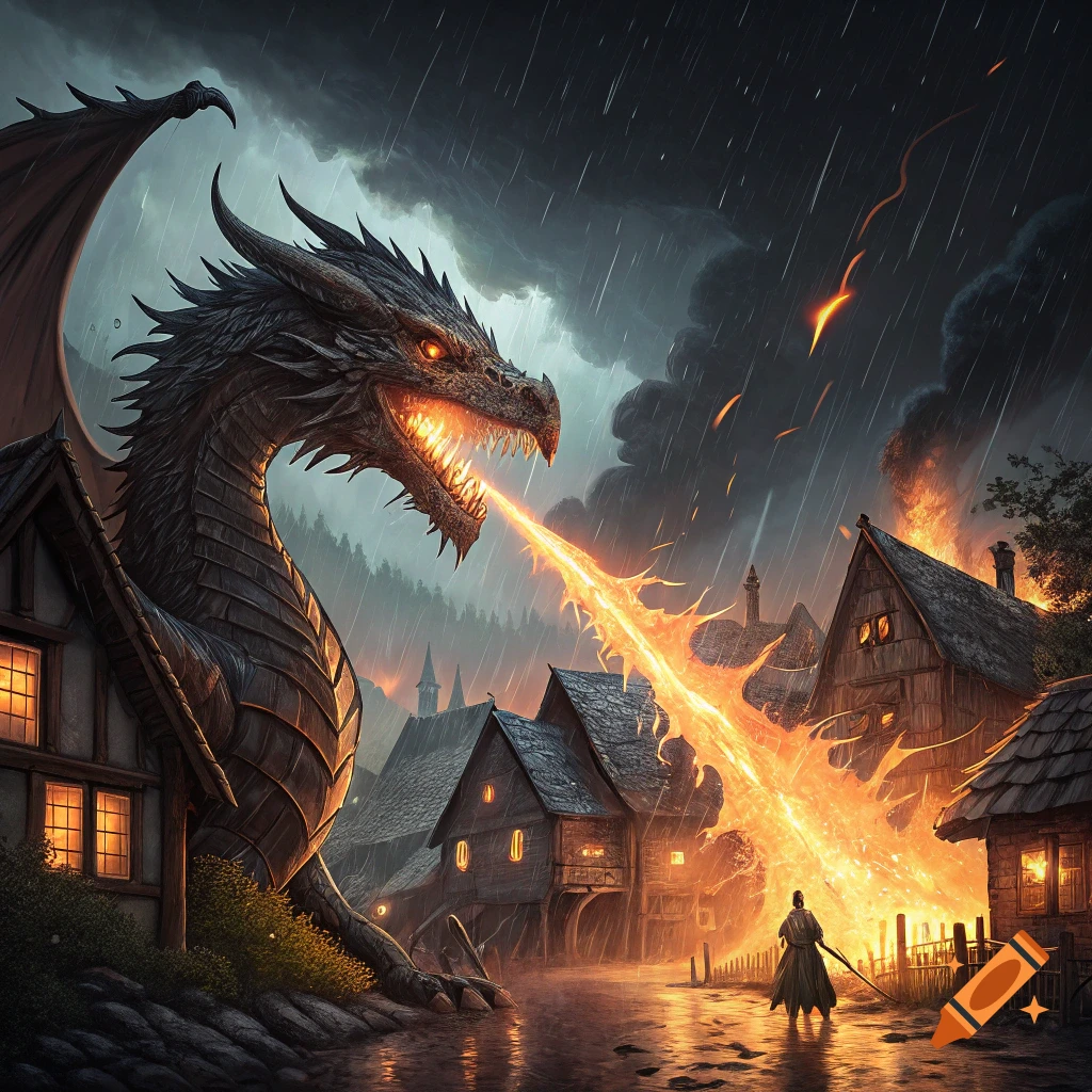 Large dragon breathes fire on a village during a rainstorm