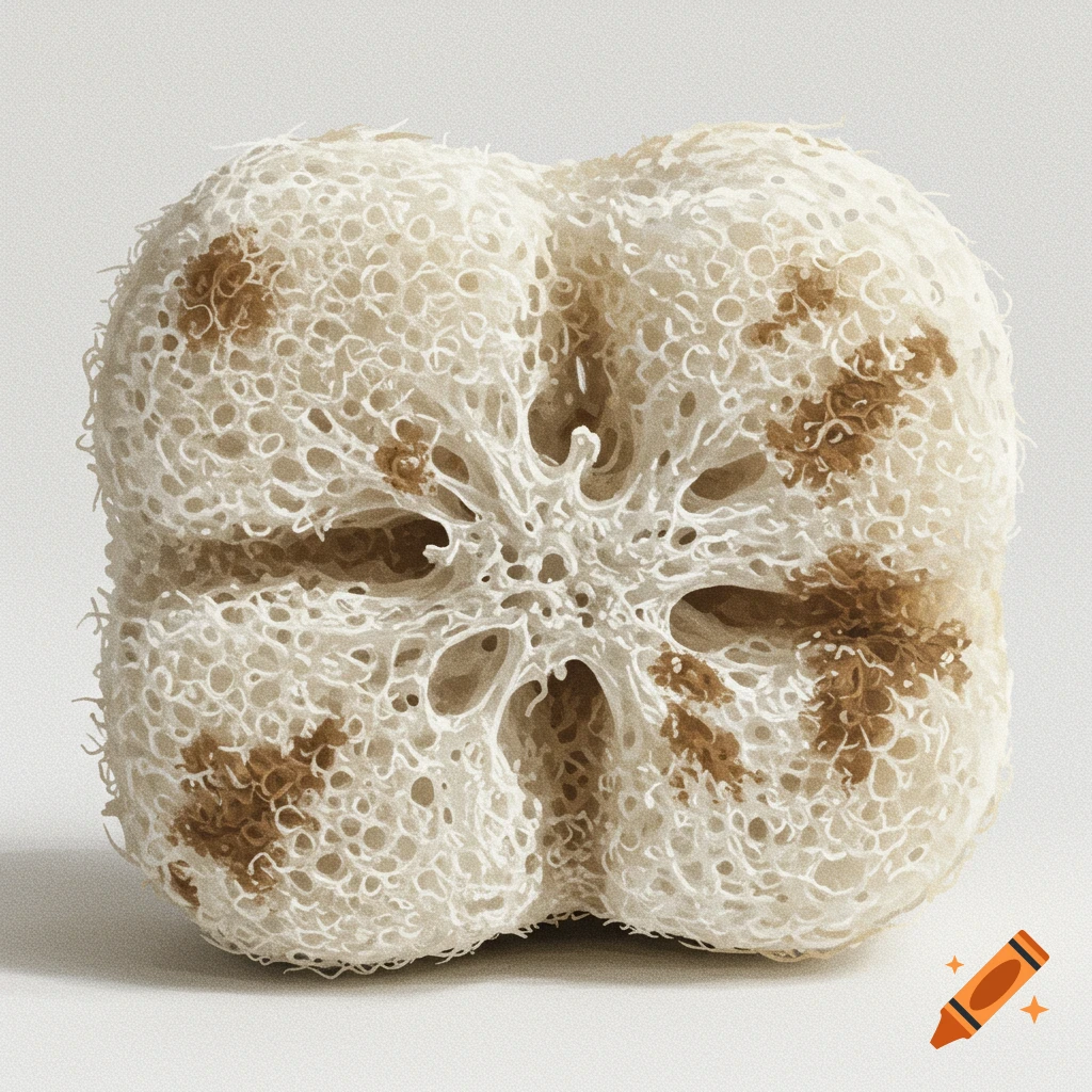 A close-up of a square loofah sponge cross-section with brown spots
