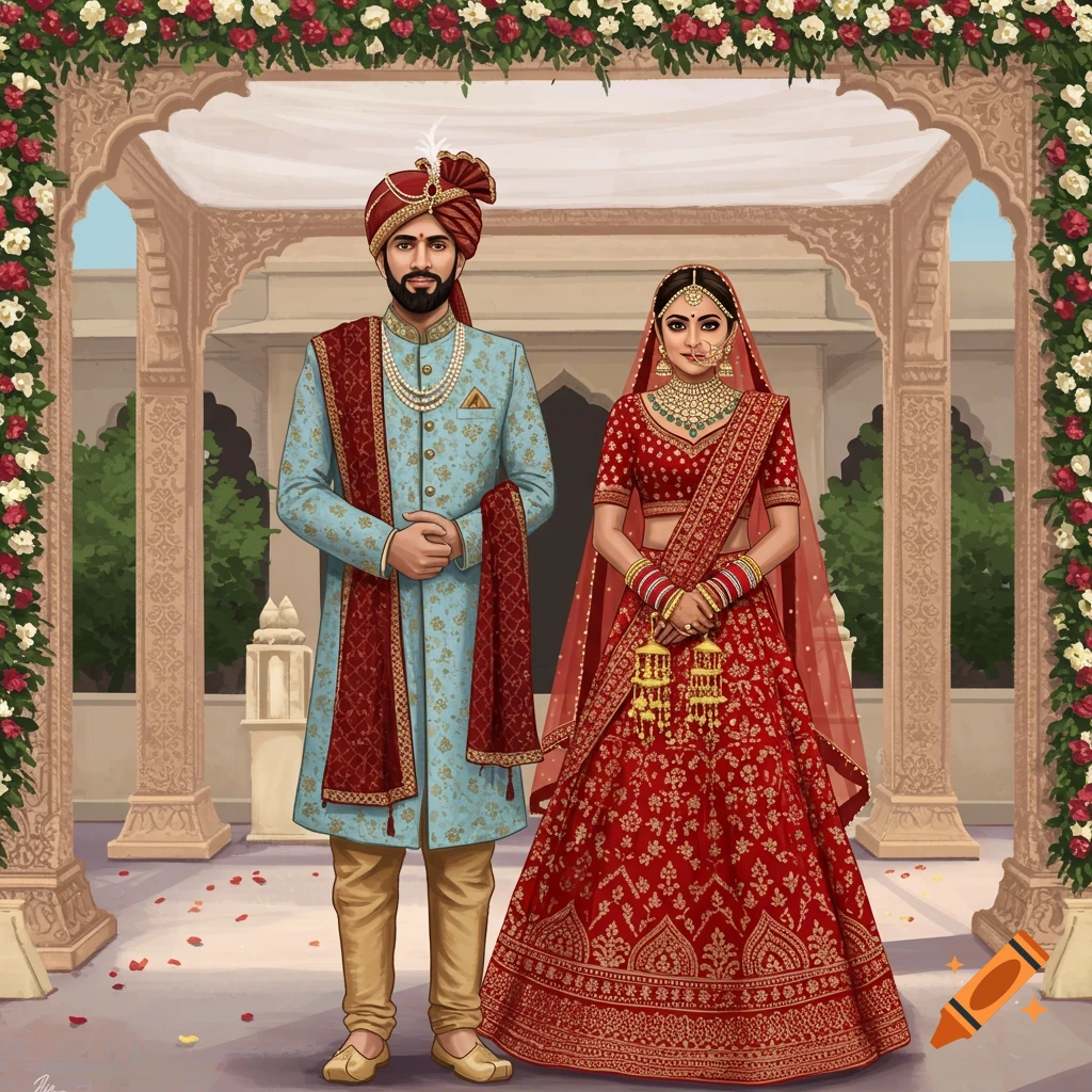 An Indian bride and groom in traditional wedding attire are under a floral arch.